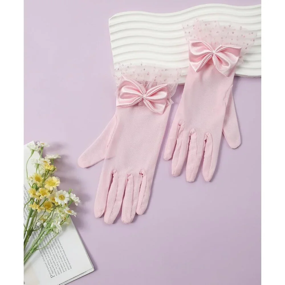 Women's Bow Lace Short Gloves Light Pink Princess Wedding Evening Accessories
